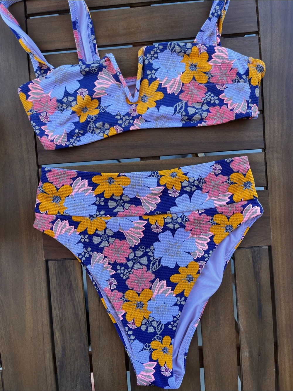 aerie Floral High-Waist Bikini Set in Navy, Yellow, Lavender, Pink